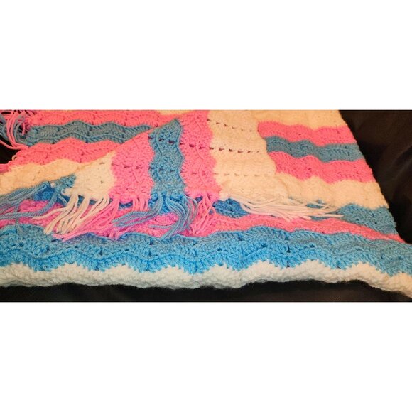 Handmade Crocheted Baby Blanket Fringe Multicolor Stripes Blue Pink White NEW - Picture 3 of 7